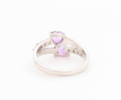 925 Sterling Silver Vintage Ring Amethyst & CZ Double Love Heart  Sz 6  RG36131