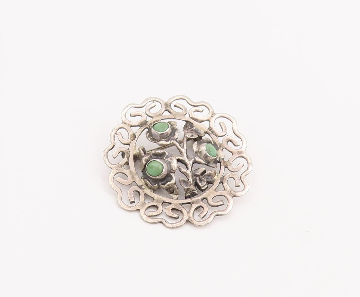 925 Sterling Silver Vintage Brooch Pin Cutout Round Turquoise Flower  BP11123