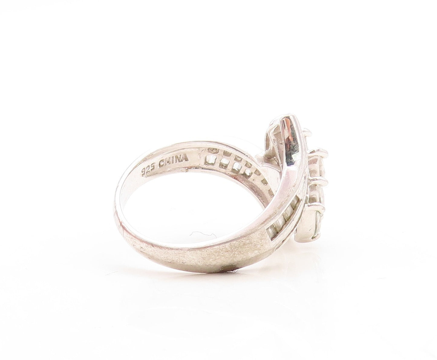 925 Sterling Silver Vintage Ring Modernist CZ Inlay Floral Design  Sz 6  RG31882