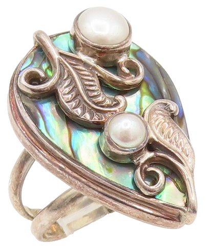MERAV 925 Silver  Vintage Freshwater Pearls & Abalone Leaf Ring Sz 7  RG26259