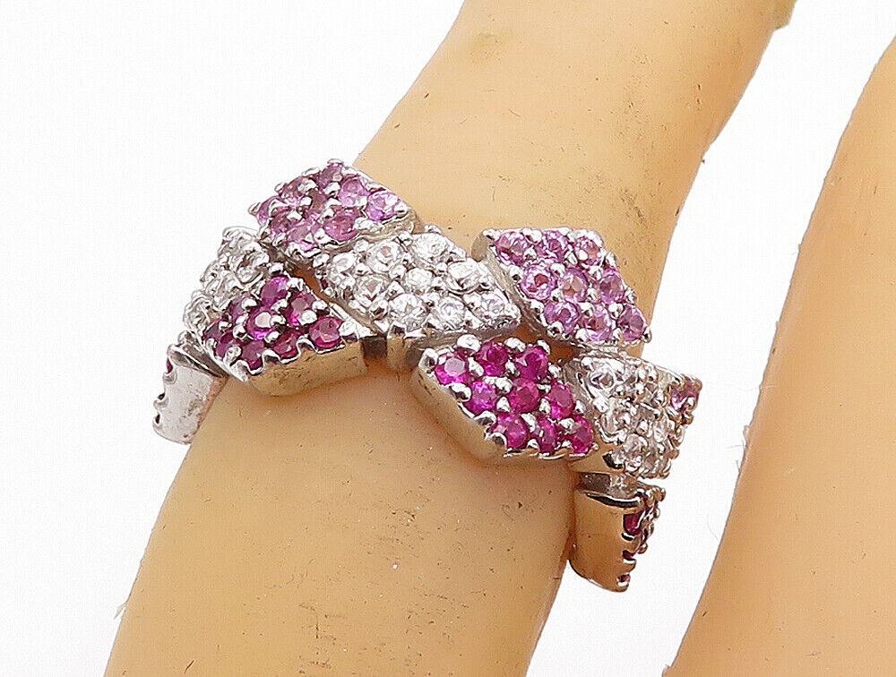 925 Sterling Silver  Pink & White Topaz Patterned Split Band Ring Sz 6  RG5091