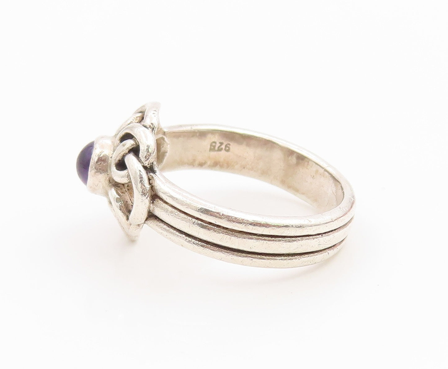 925 Sterling Silver Vintage Ring Round Amethyst Celtic Knot Band  Sz 8  RG35568