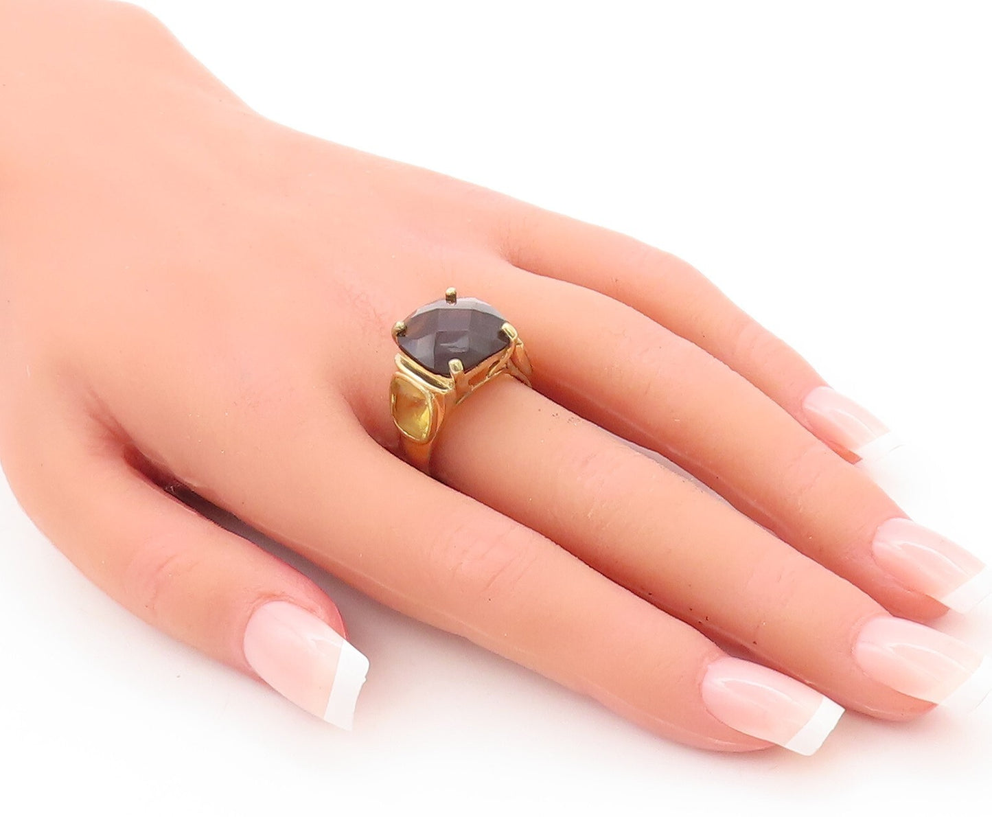 925 Sterling Silver Vintage Ring Rose Plated Smoky Quartz & Citrine Sz 8 RG29586