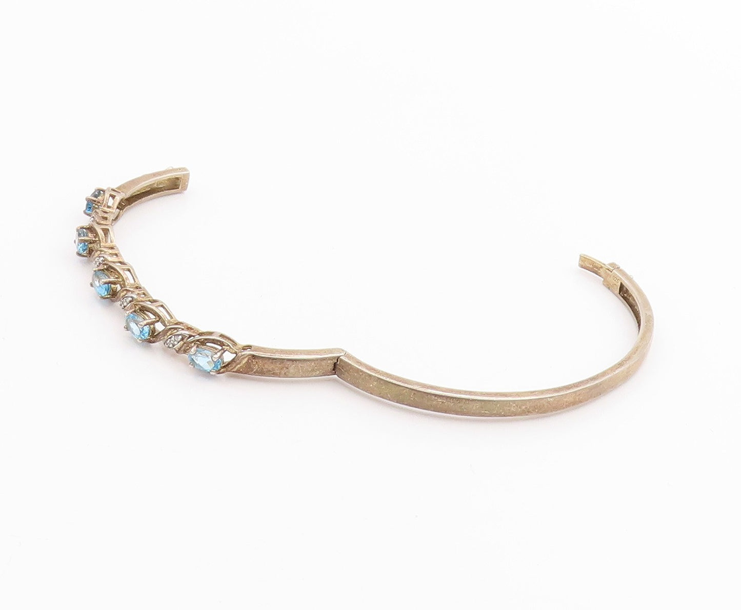 925 Sterling Silver Vintage Bracelet Swirly Diamonds & Oval Topaz Bangle BT11350