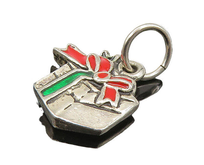 925 Sterling Silver  Vintage Enamel Christmas Gift Box Pendant  PT18948