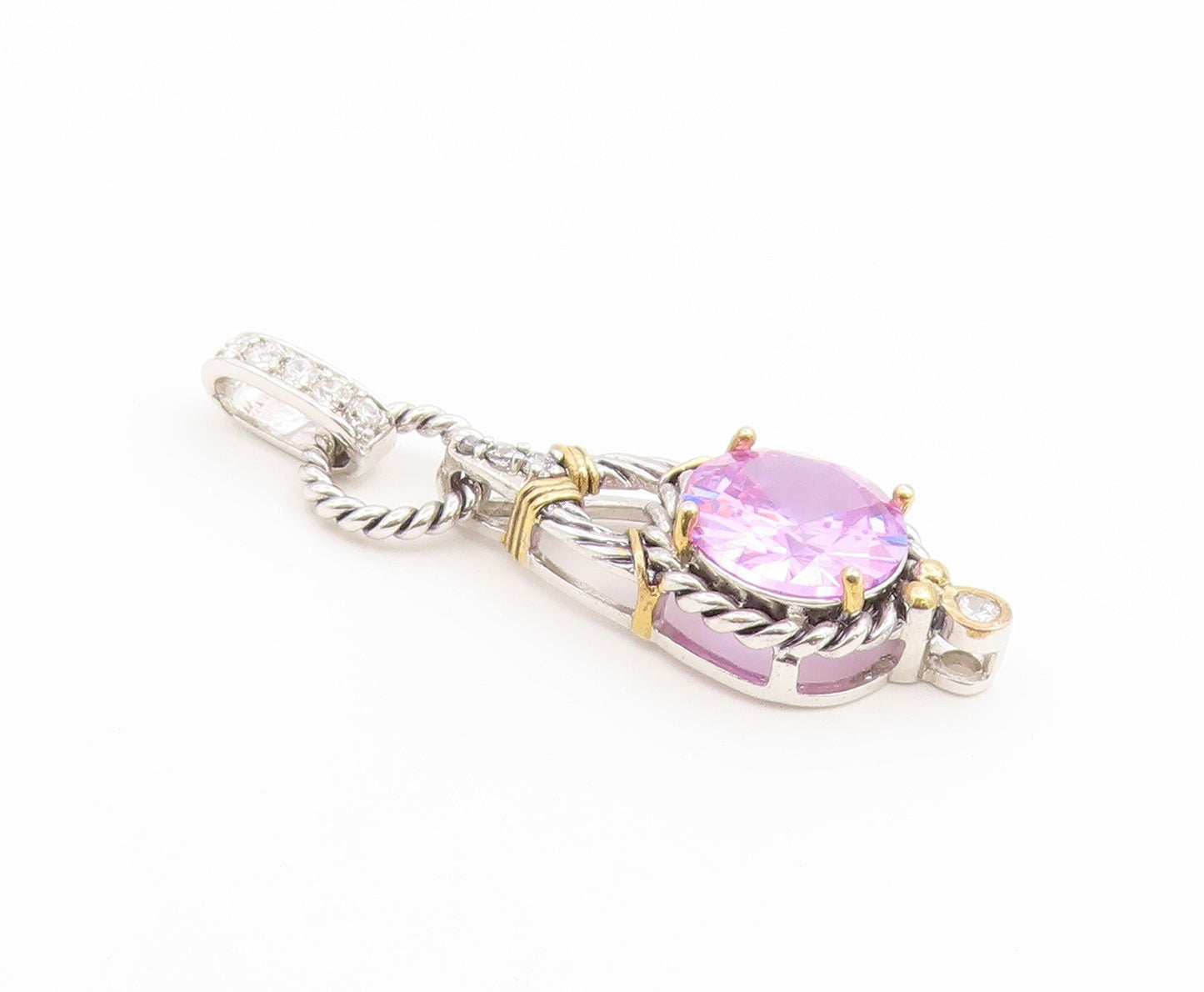 925 Sterling Silver Vintage Pendant Two Tone Amethyst Twisted Cable Drop PT26615