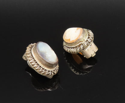 EUROPEAN 925 Silver  Vintage Carved MOP Cameo Non Pierced Earrings  EG12139