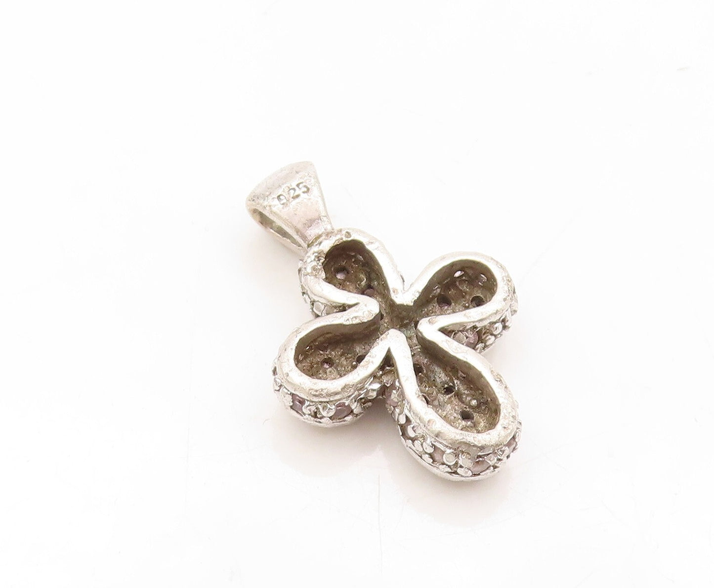 925 Sterling Silver Vintage Pendant 4 Petal 2 Tone Topaz Inlay Flower  PT23598