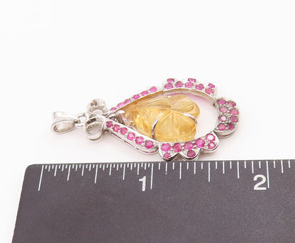 925 Sterling Silver Vintage Pendant Leaf Carved Citrine Ruby Inlay Frame PT22849