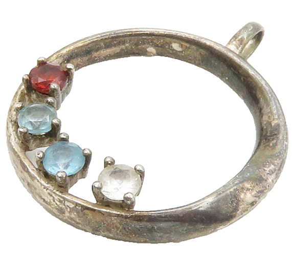 925 Sterling Silver  Vintage Red White & Blue Topaz Circle Pendant  PT11416
