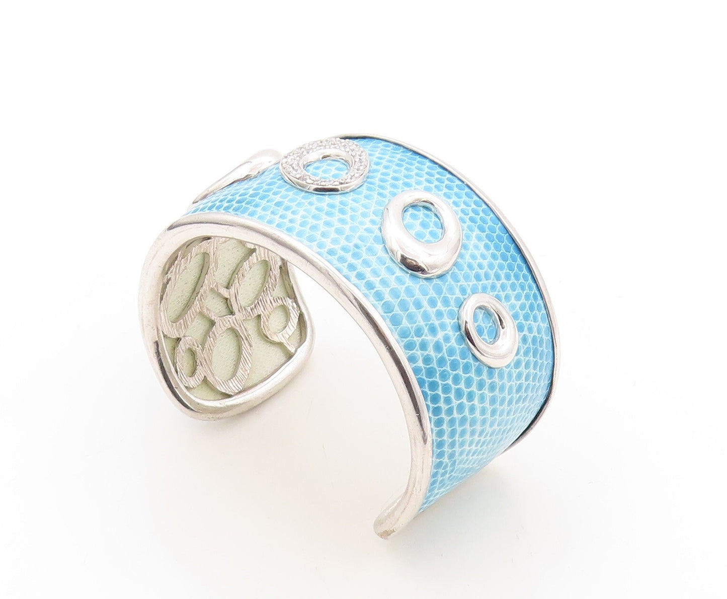 925 Sterling Silver Vintage Bracelet Enameled CZ Inlay Ovals Cuff BT10909