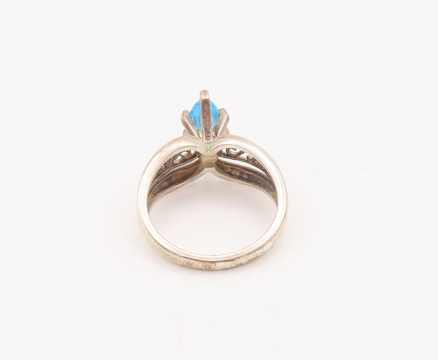 925 Sterling Silver Vintage Ring Swirly Carved Marquise Cut Blue CZ Sz 7 RG28181