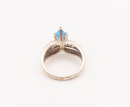 925 Sterling Silver Vintage Ring Swirly Carved Marquise Cut Blue CZ Sz 7 RG28181