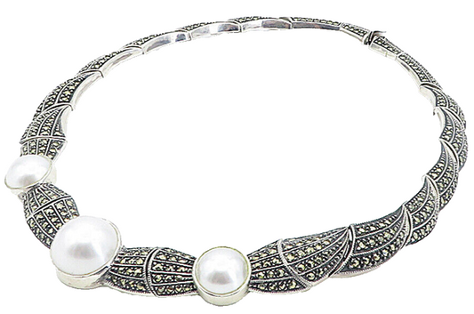 JUDITH JACK 925 Silver  Vintage Pearls & Marcasite Collar Necklace  NE1321