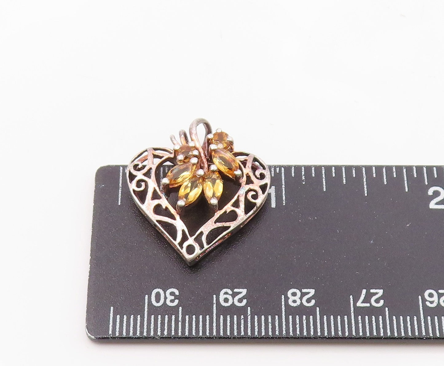 925 Sterling Silver  Vintage Open Love Heart Citrine Leaves Pendant  PT20091
