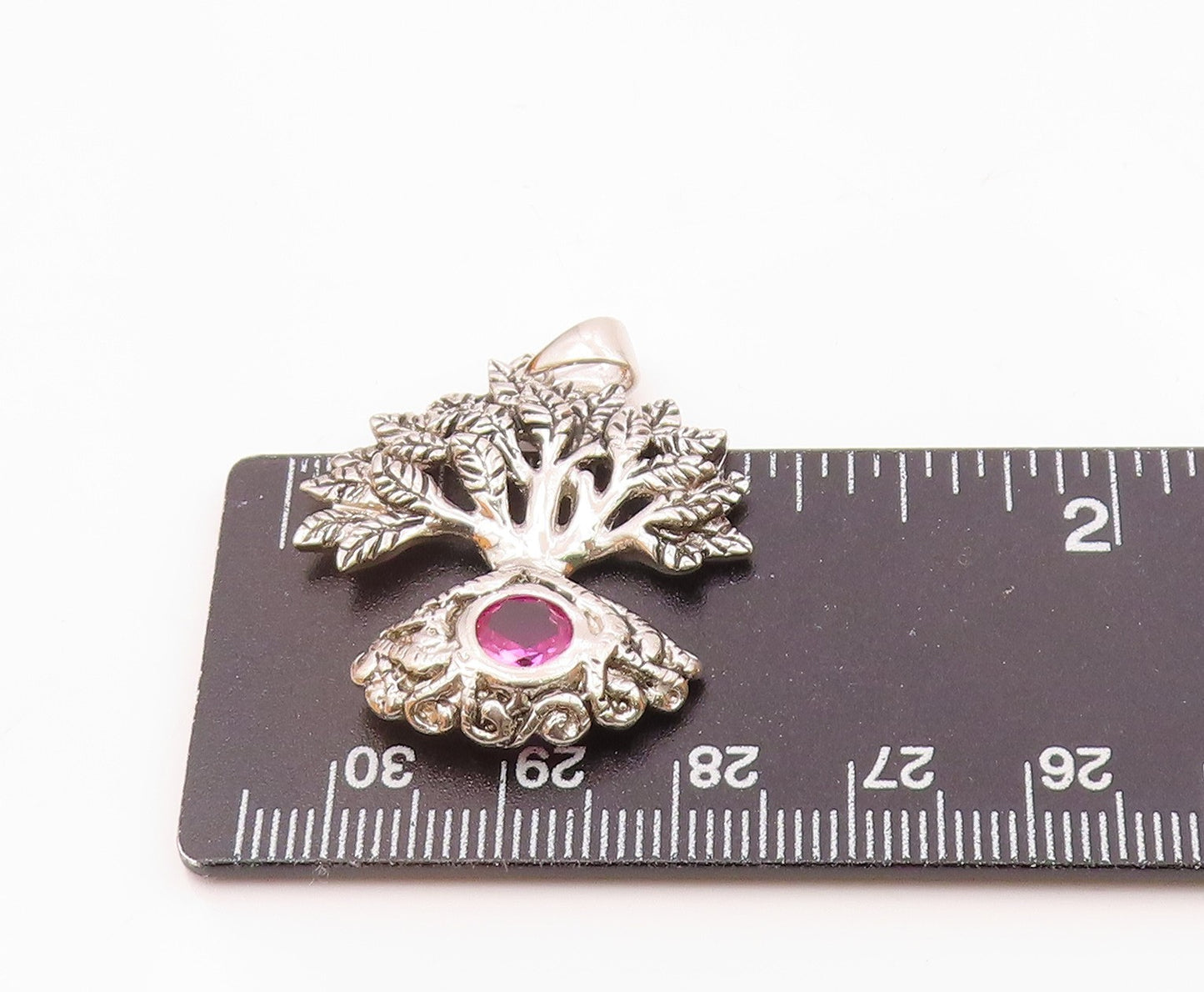 925 Sterling Silver  Vintage Carved Tree Of Life Tourmaline Pendant  PT20948
