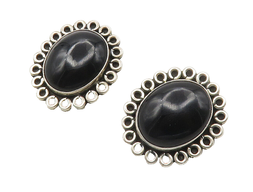 MEXICO 925 Silver  Vintage Black Onyx Floral Non Pierce Drop Earrings  EG7984