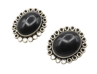 MEXICO 925 Silver  Vintage Black Onyx Floral Non Pierce Drop Earrings  EG7984