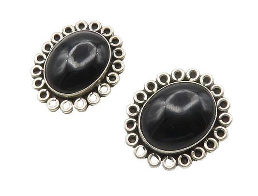 MEXICO 925 Silver  Vintage Black Onyx Floral Non Pierce Drop Earrings  EG7984
