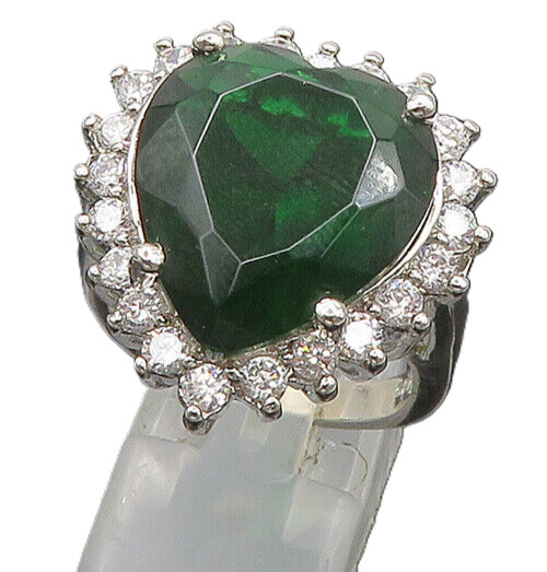 925 Silver  Green Topaz & Cubic Zirconia Heart Cocktail Ring Sz 9  RG19452