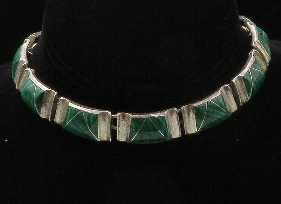 MEXICO 925 Sterling Silver  Vintage Malachite Heavy Chain Necklace  NE2134