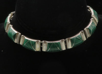 MEXICO 925 Sterling Silver  Vintage Malachite Heavy Chain Necklace  NE2134