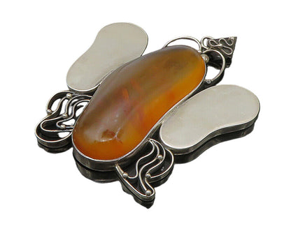 925 Sterling Silver Vintage Cabochon Amber Butterfly Heavy Large Pendant PT18351