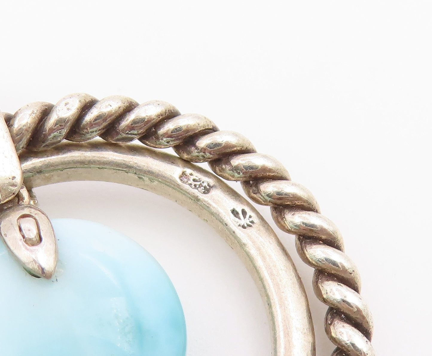 925 Sterling Silver Vintage Pendant Classic Larimar Twisted Rope Circle  PT26557