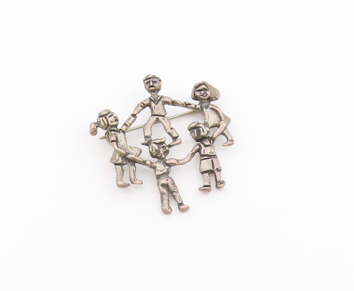 925 Sterling Silver  Vintage Children Holding Hands Chiseled Brooch Pin BP4986