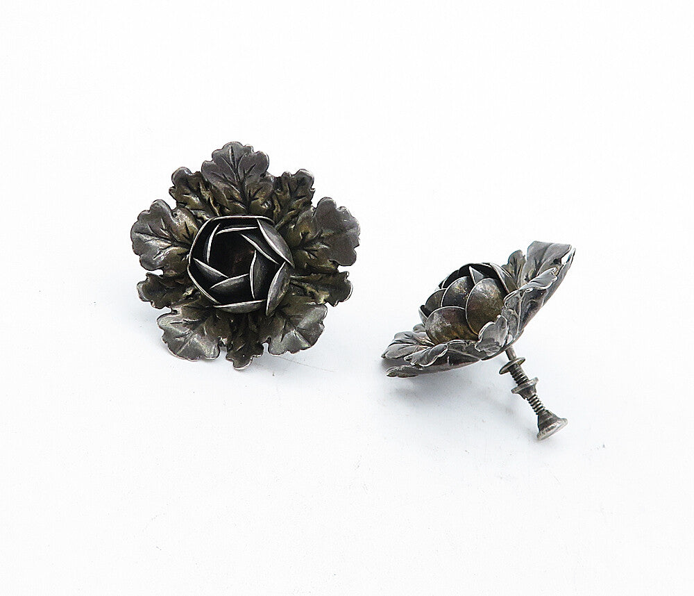 925 Sterling Silver  Vintage Oxidized Flower Motif Non Pierce Earrings  EG2642