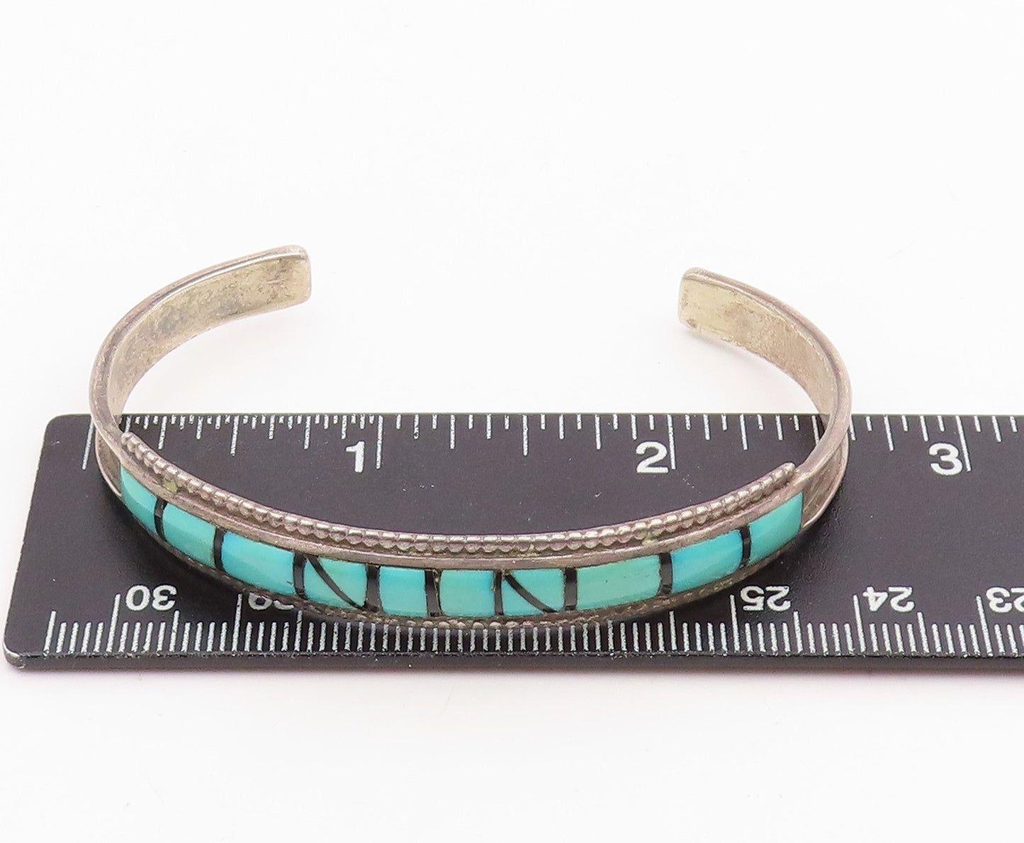 925 Sterling Silver Vintage Bracelet NAVAJO ZUNI Turquoise Inlay Cuff  BT11970