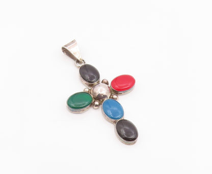 925 Sterling Silver Vintage Pendant MEXICO Cabochon Multi Gemstone Cross PT26045