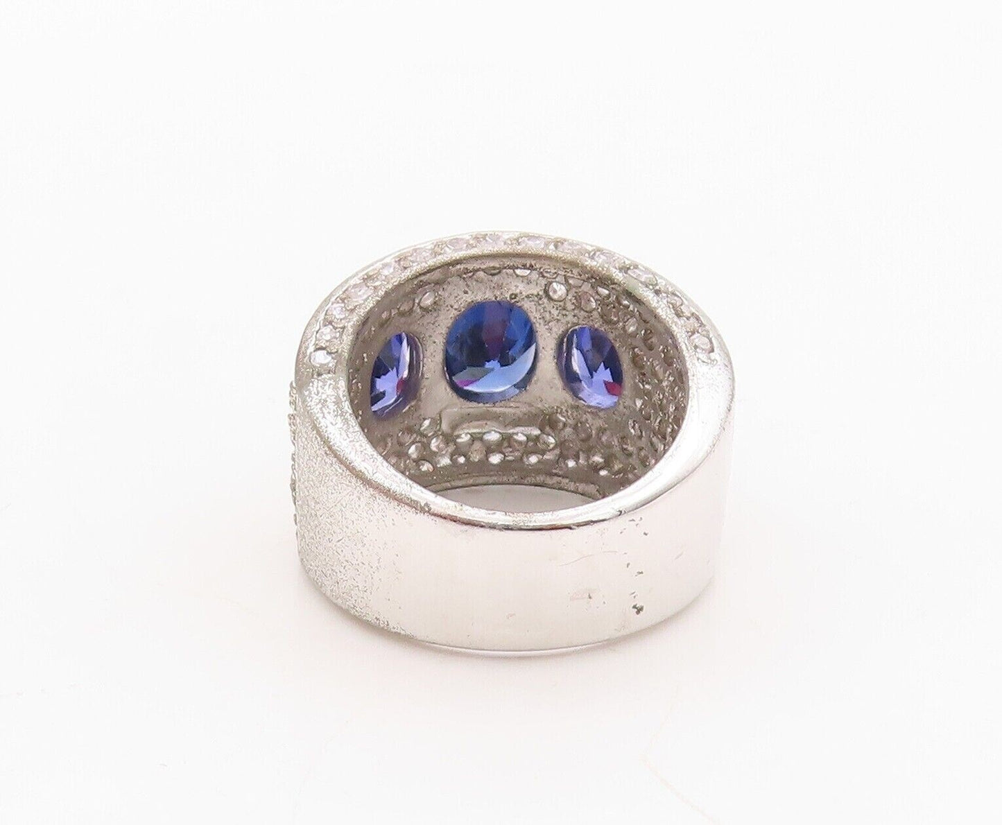 925 Sterling Silver Vintage Ring Broad Band Sapphire & CZ Inlay  Sz 7  RG29983