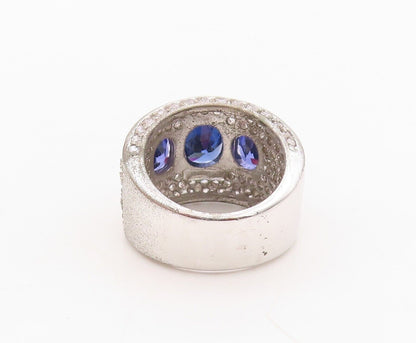 925 Sterling Silver Vintage Ring Broad Band Sapphire & CZ Inlay  Sz 7  RG29983