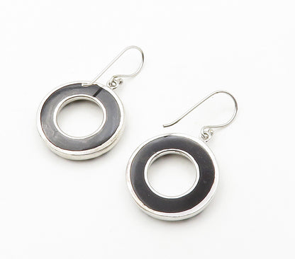 925 Sterling Silver  Black Onyx Open Circle Shiny Dangle Earrings  EG7828