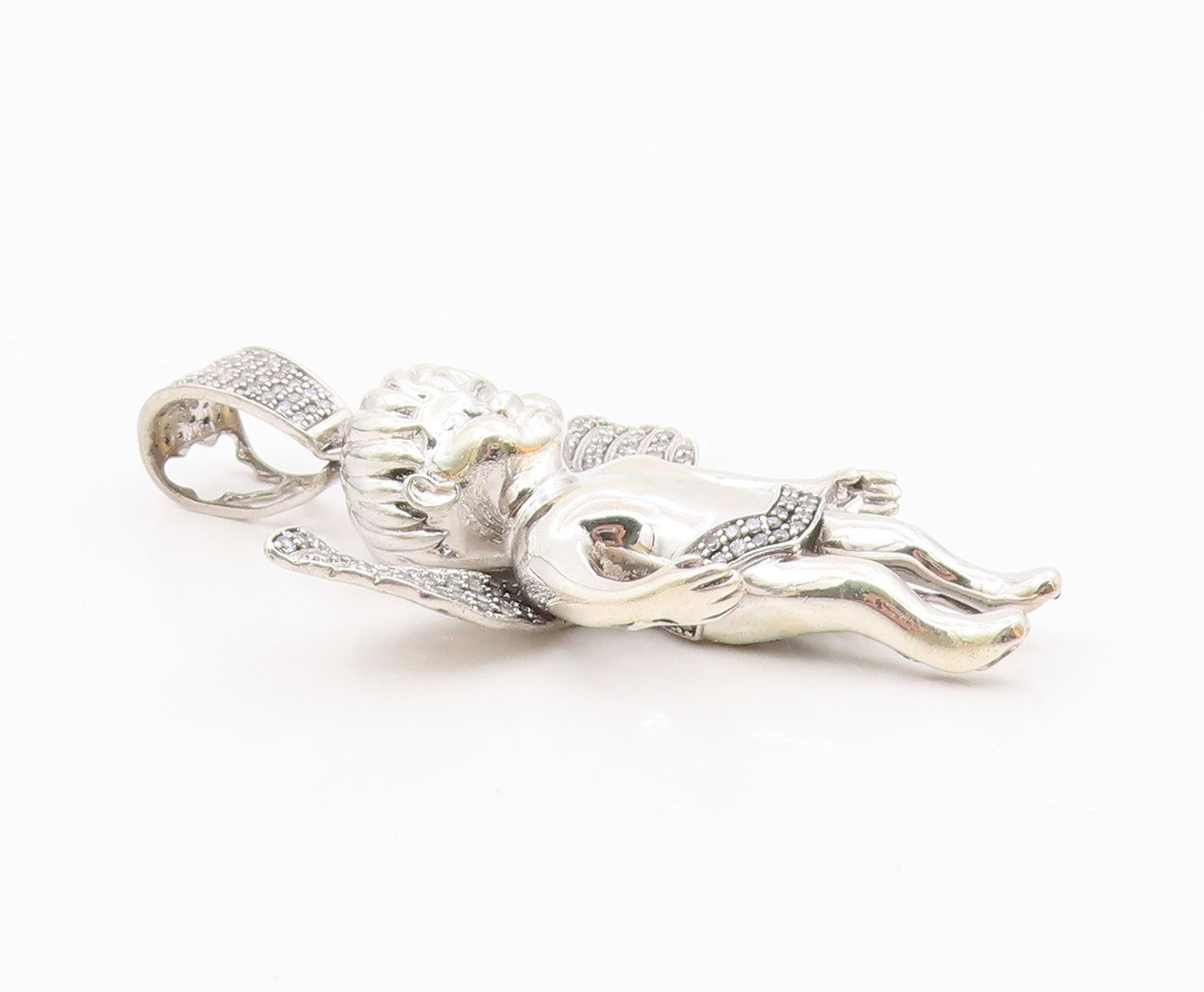 925 Sterling Silver  Vintage Shiny Cubic Zirconia Baby Angel Pendant  PT9545