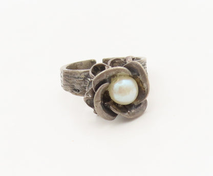 EUROPE 925 Silver  Vintage 3D Rose Flower & Pearl Inside Ring Sz 7.5  RG27143