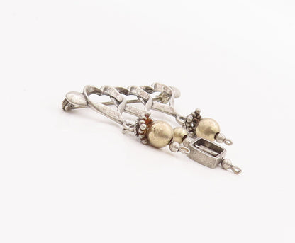 925 Sterling Silver Vintage Brooch Pin Cutout Hearts With Dangling Beads BP11104