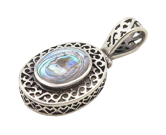 925 Sterling Silver  Vintage Abalone Shell Oval Swirl Border Pendant  PT15032