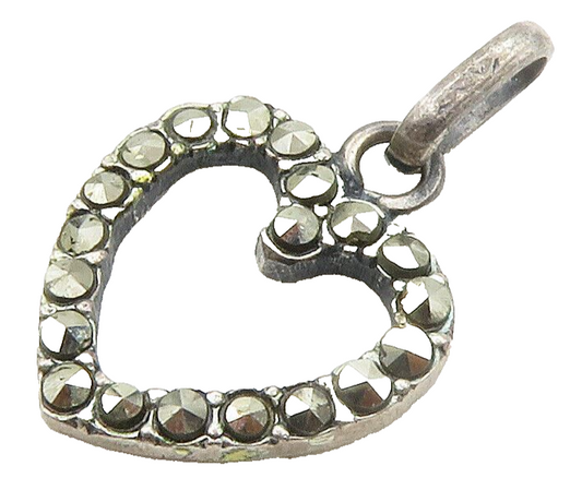 925 Sterling Silver  Vintage Petite Marcasite Open Love Heart Pendant  PT11712