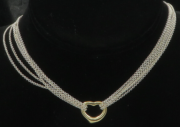 925 Silver & 14K GOLD  Vintage Love Heart Multi Strand Chain Necklace  NE3048