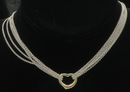 925 Silver & 14K GOLD  Vintage Love Heart Multi Strand Chain Necklace  NE3048