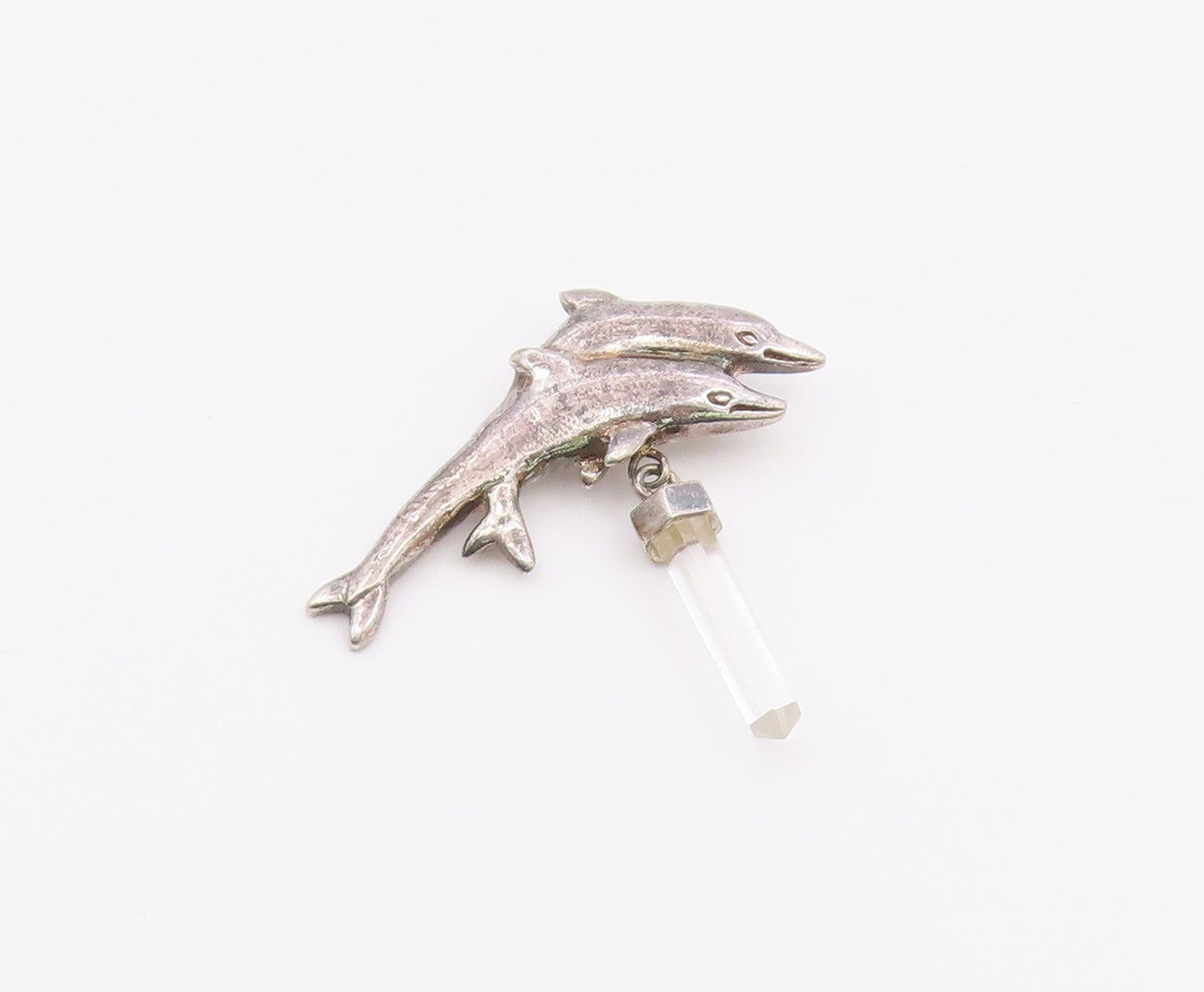 925 Sterling Silver  Vintage White Topaz Wand Double Dolphins Pendant  PT15846