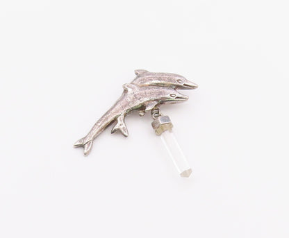 925 Sterling Silver  Vintage White Topaz Wand Double Dolphins Pendant  PT15846