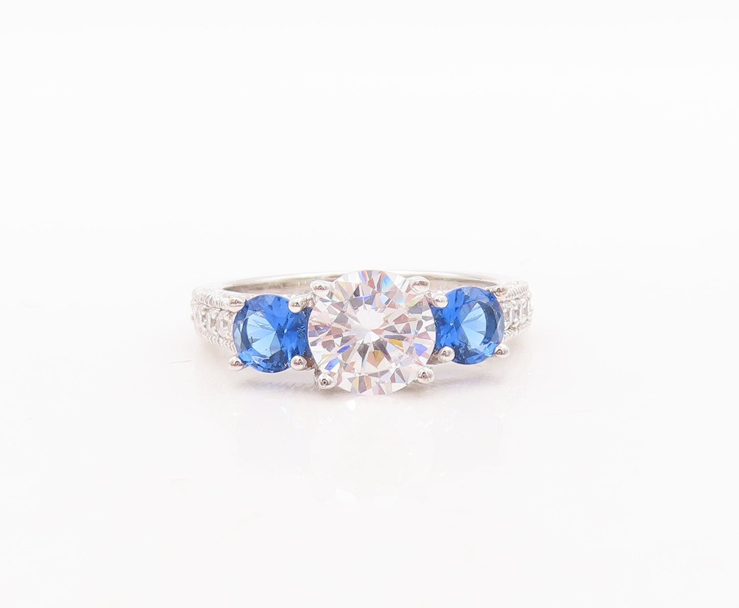 925 Sterling Silver Vintage Ring Round Sapphire & CZ Wedding Ring  Sz 7  RG29460