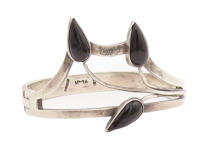 925 Sterling Silver Vintage Bracelet MEXICO Cutout Drop Shape Onyx Cuff  BT10702