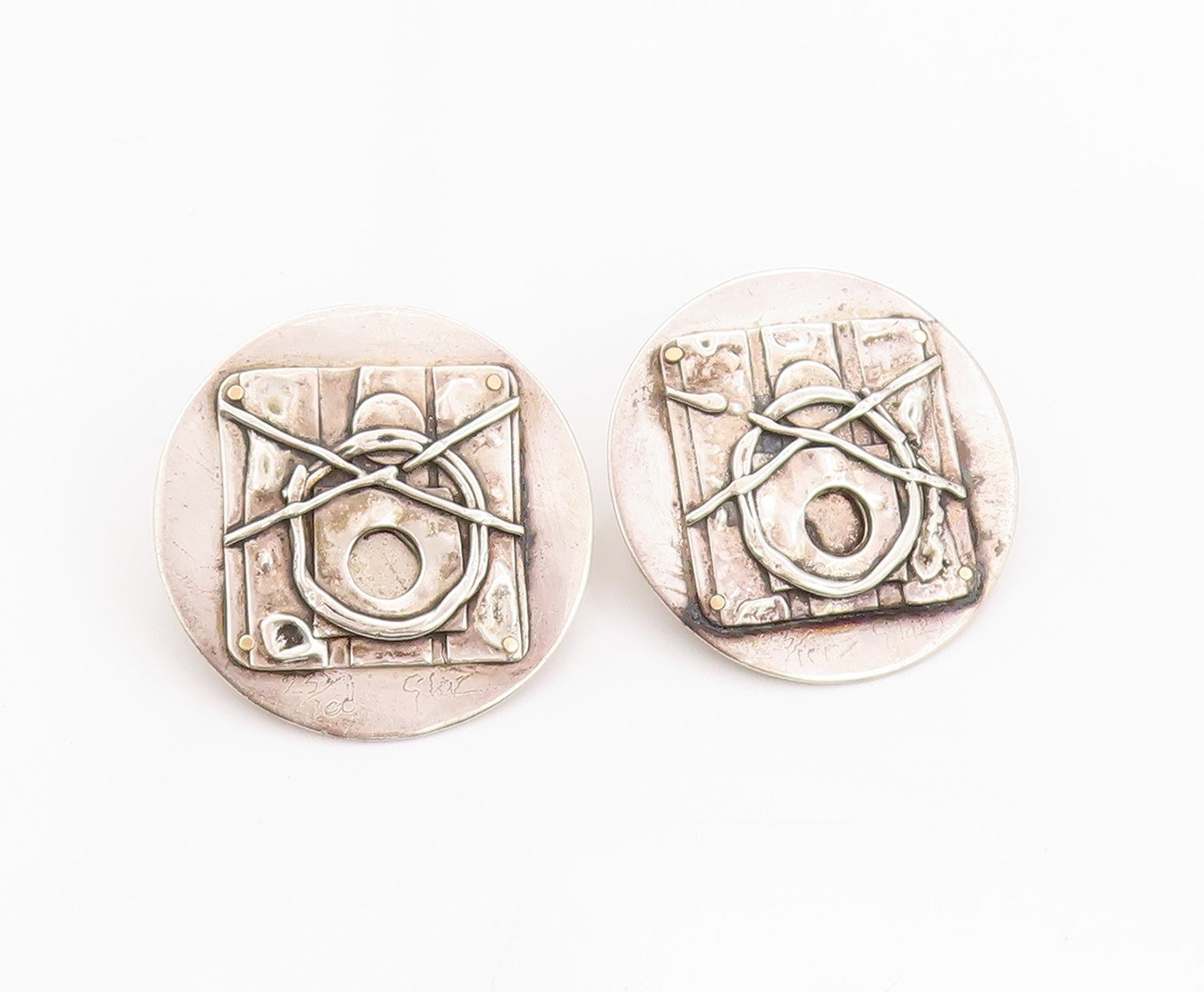 925 Sterling Silver Vintage Earrings Designer Brutalist Carved  EG13509