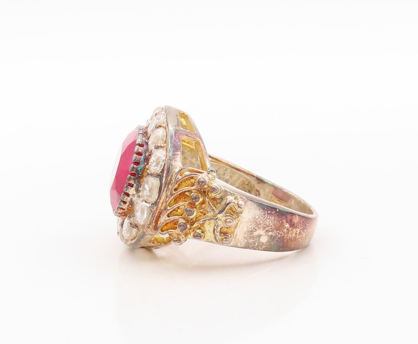 925 Sterling Silver Vintage Ring Real Oval Gemstone & CZ Frame  Sz 7  RG30939
