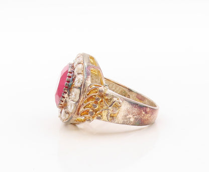 925 Sterling Silver Vintage Ring Real Oval Gemstone & CZ Frame  Sz 7  RG30939