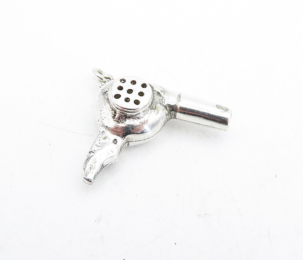 925 Sterling Silver  Vintage Shiny Hair Blow Dryer Motif Drop Pendant  PT3639